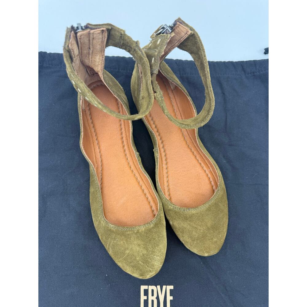 Frye Suede Ankle Strap Ballet Flats Green Suede Leather Size 10 Zip Boho